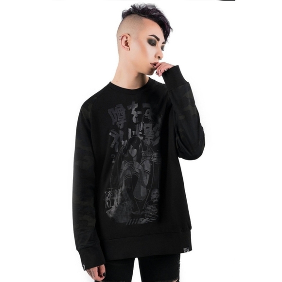 Killstar ✦ Rumour Camo Sweatshirt ✦ M Black Pullover Gothic Quote Camo Sleeves - Picture 6 of 8